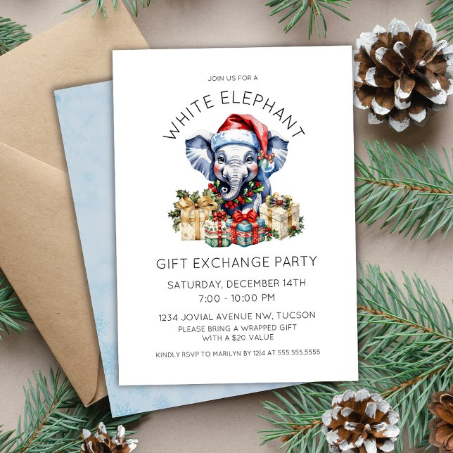 Convite Watercolor Holiday White Elephant Gift Exchange (cute watercolor white elephant gift exchange party invitation for holiday christmas office parties)