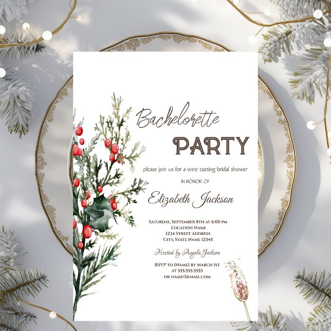 Convite Watercolor Holly Berry Greenery Bachelorette (Criador carregado)