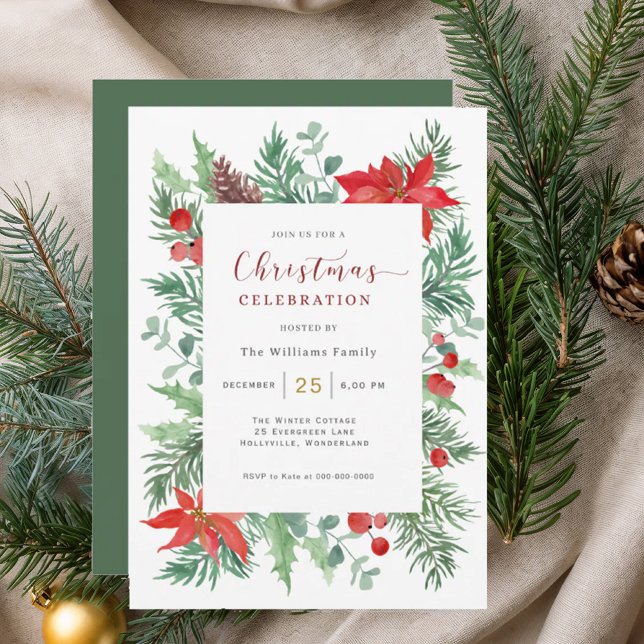 Convite Watercolor  Holly Christmas Celebration Invitation (Criador carregado)