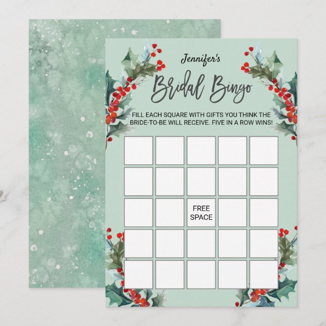 Convite Watercolor Holly e Berries Bridal Bingo (Frente/Verso)