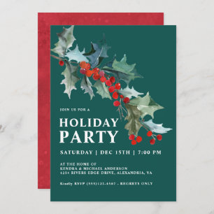 Convite Watercolor Holly e Berries Teal Holiday Party