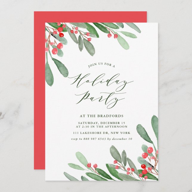 Convite Watercolor Holly e Greenery Holiday Party (Frente/Verso)