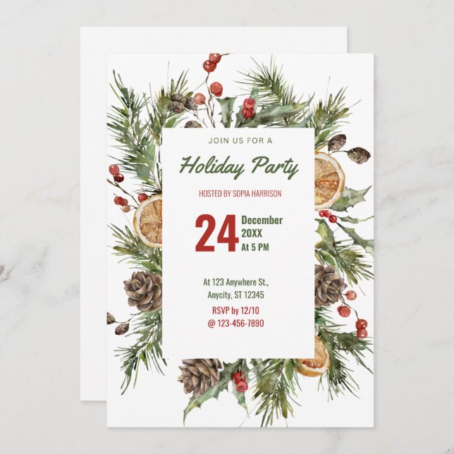 Convite Watercolor Holly e Pine Holiday Party (Frente/Verso)
