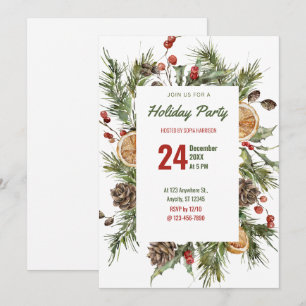 Convite Watercolor Holly e Pine Holiday Party