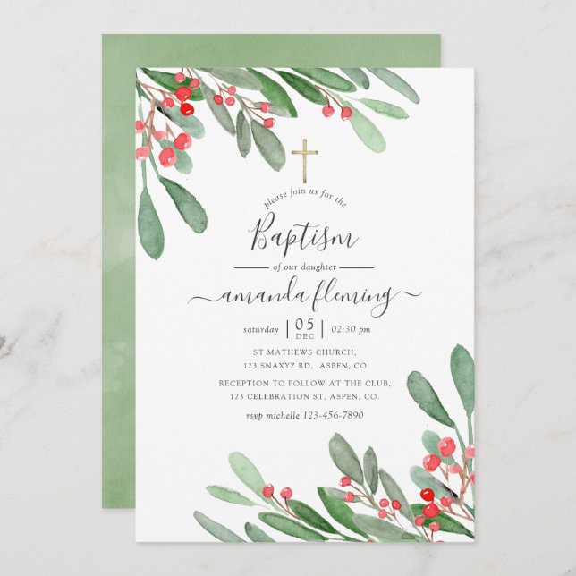 Convite Watercolor Holly Jolly Natal Baptism (Frente/Verso)
