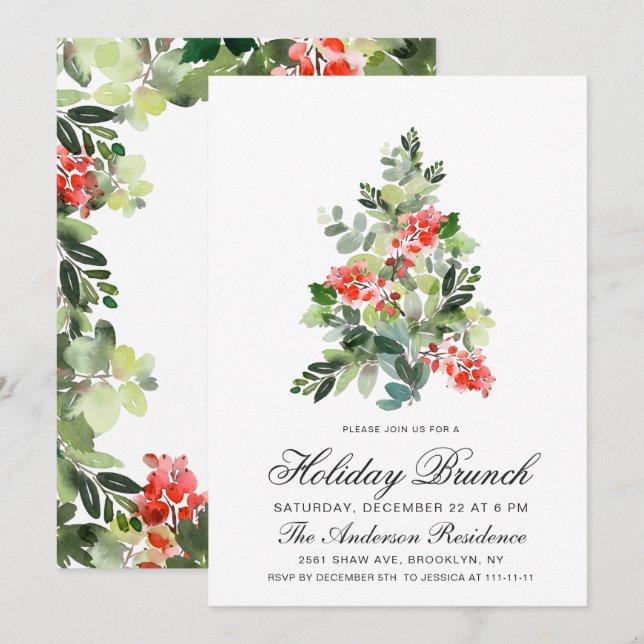 Convite Watercolor Holly Tree Natal Holiday Brunch (Frente/Verso)