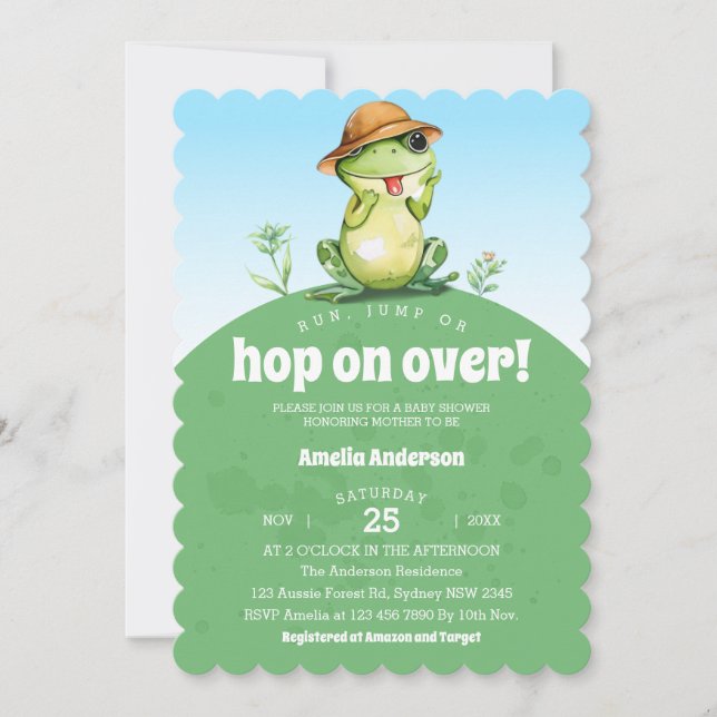 Convite Watercolor Hop On Over Cute Frog Baby Shower (Frente)