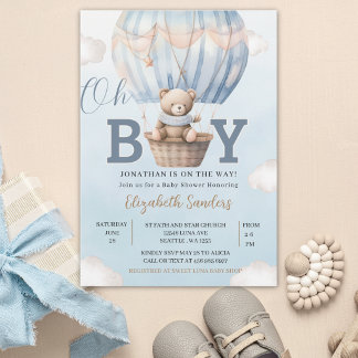 Convite Watercolor Hot Air Balloon Teddy Bear Baby Shower