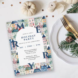 Convite Watercolor Houses Blue Merry Christmas Party
