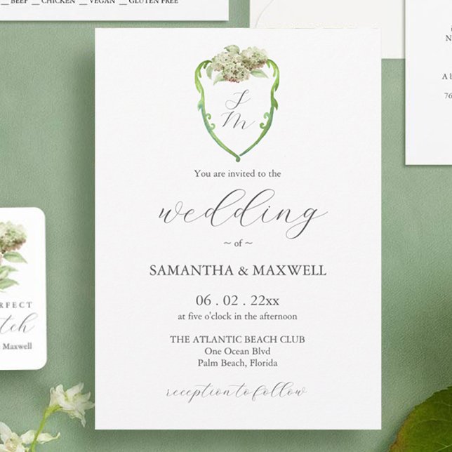 Convite Watercolor Hydrangea Crest Wedding Invitations (Green hydrangea watercolor crest wedding invitation by Victoria Grigaliunas of Do Tell A Belle)