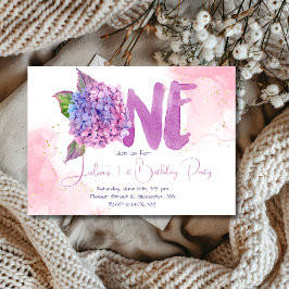 Convite Watercolor hydrangea Primeiro Aniversário