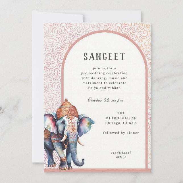 Convite Watercolor Indian Wedphant Elephant Sangeet (Frente)