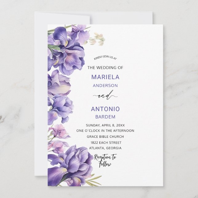Convite Watercolor Iris Lilac Floral Watercolor casamento (Frente)