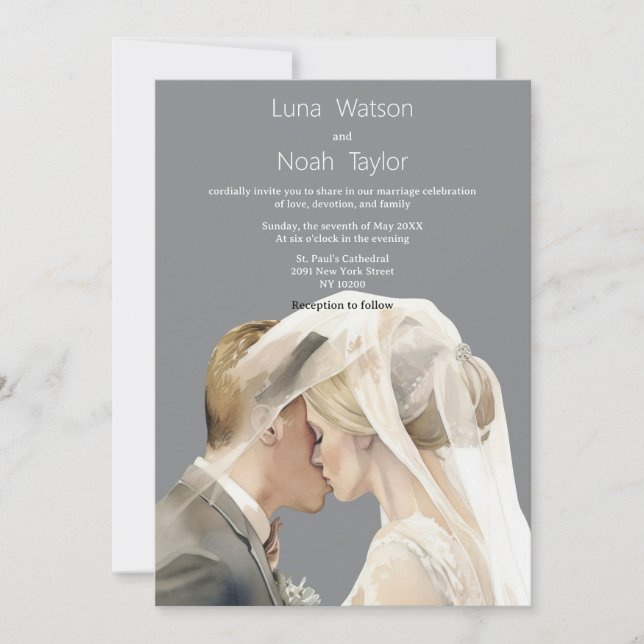 Convite Watercolor ivory grey couple photo Wedding  (Frente)