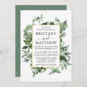Convite Watercolor Ivy Ferns Sage Casamento Dourado Verde