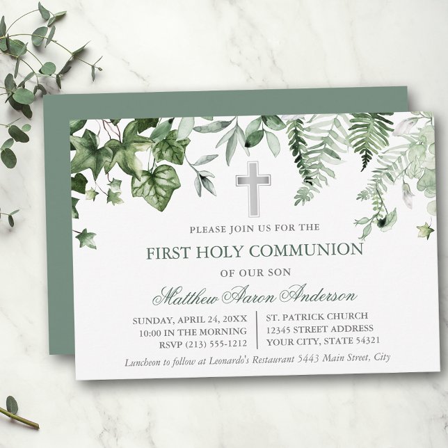 Convite Watercolor Ivy Ferns Sage Green Communion (Customize to change text color, text style or color of back of card.)
