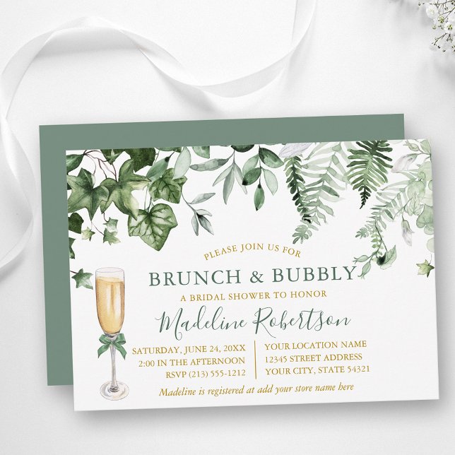 Convite Watercolor Ivy Ferns Sage Green Dourado Bridal Bru (Customize to change text size, style or color of back of card.)