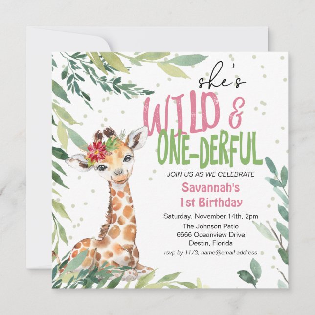 Convite Watercolor Jungle Safari Wild One primeiro anivers (Frente)