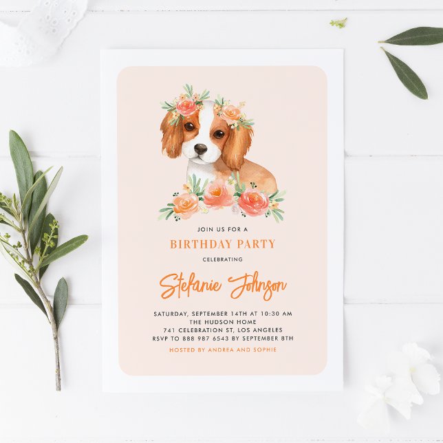 Convite Watercolor King Charles Spaniel Floral Birthday (Criador carregado)