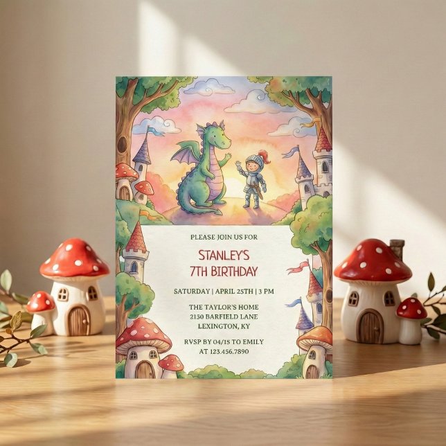 Convite Watercolor Knight Dragon Fairytale Birthday Party (Watercolor Knight Dragon Fairytale Birthday Party Invitation)
