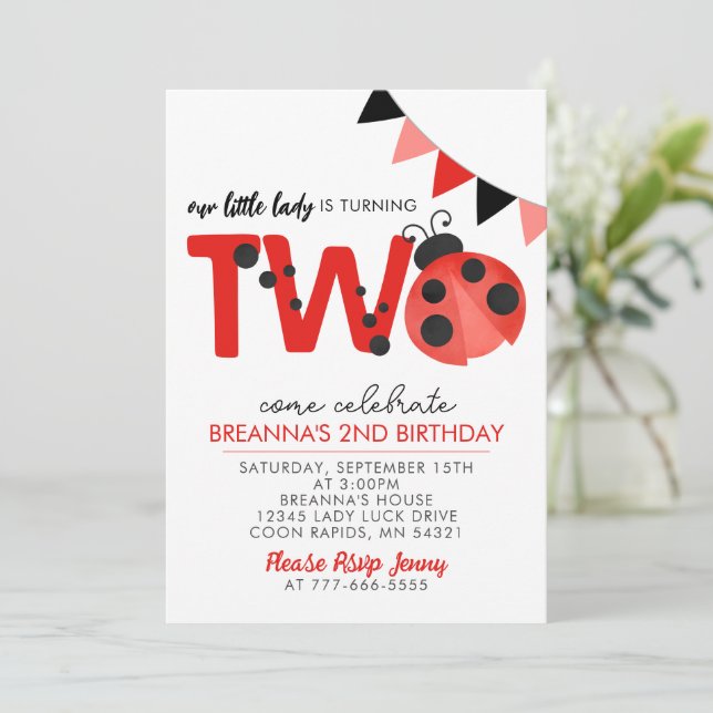 Convite Watercolor Ladybug 2nd Birthday invitation (Em pé/Frente)