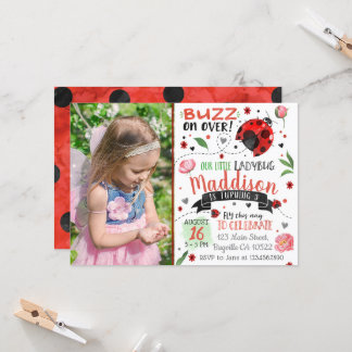 Convite Watercolor Ladybug Birthday Convide com Foto