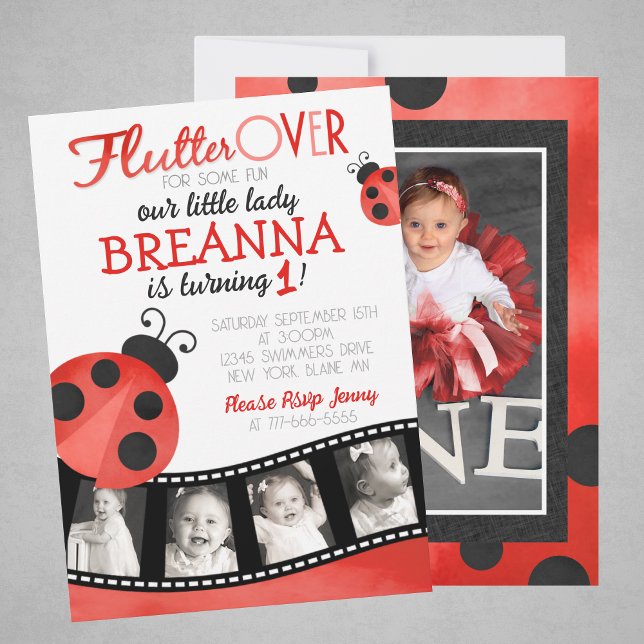 Convite Watercolor Ladybug Filmstrip Multi Photo Birthday (Sweet Watercolor Ladybug 5 Photo Birthday Invitation. Available Printed or Digital Download.)
