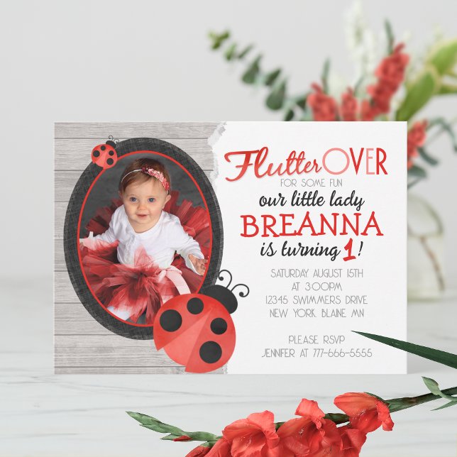 Convite Watercolor Ladybug Foto Birthday (Sweet Watercolor Ladybug Birthday Photo Invitation. Available printed or digital download)