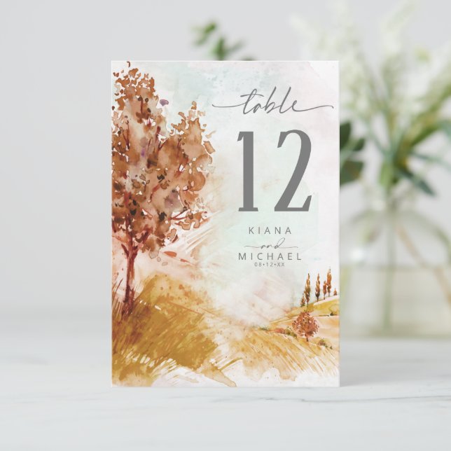 Convite Watercolor Landscape Table Number Autumn ID786 (Em pé/Frente)