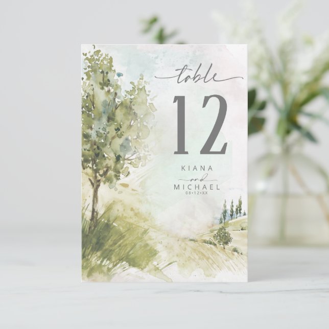 Convite Watercolor Landscape Table Number Sage Green ID786 (Em pé/Frente)