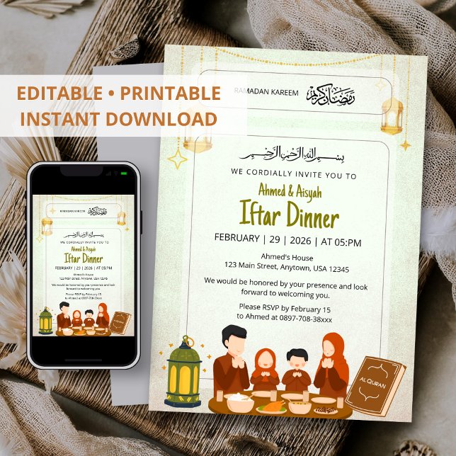 Convite Watercolor Lantern & Quran Night Design Iftar (Criador carregado)