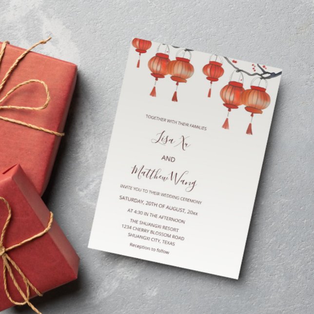 Convite Watercolor Lanterns Chinese Wedding (Criador carregado)