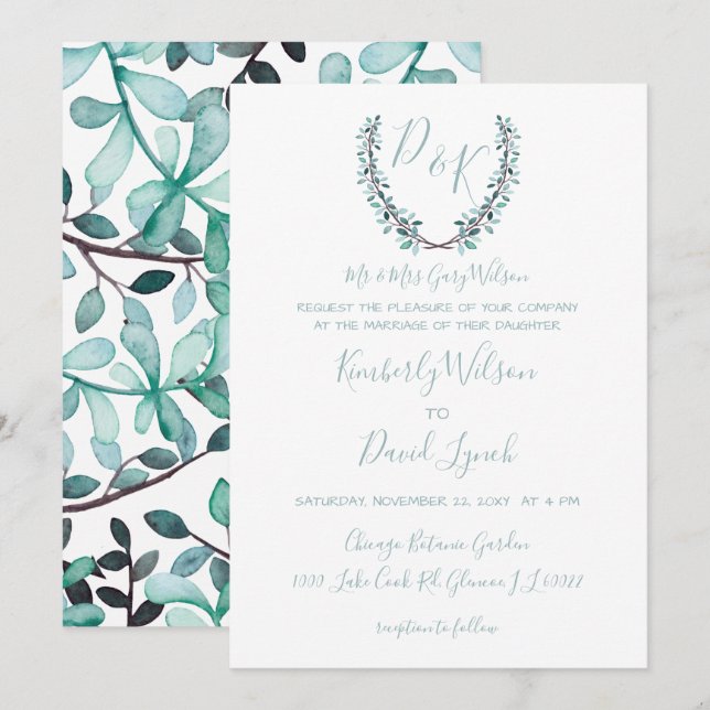 Convite Watercolor Laurel Sair Monograma Wedding (Frente/Verso)