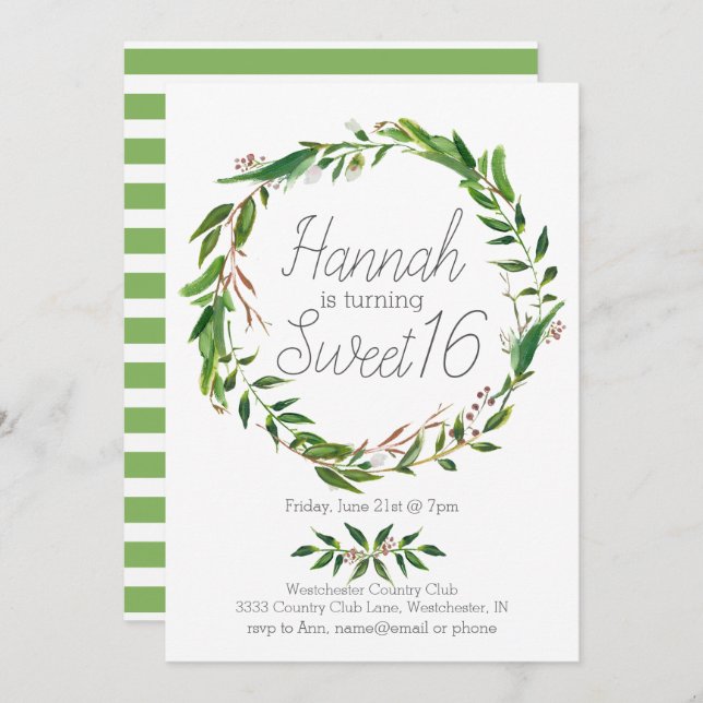 Convite Watercolor Laurel Wreath Sweet Six Invance (Frente/Verso)