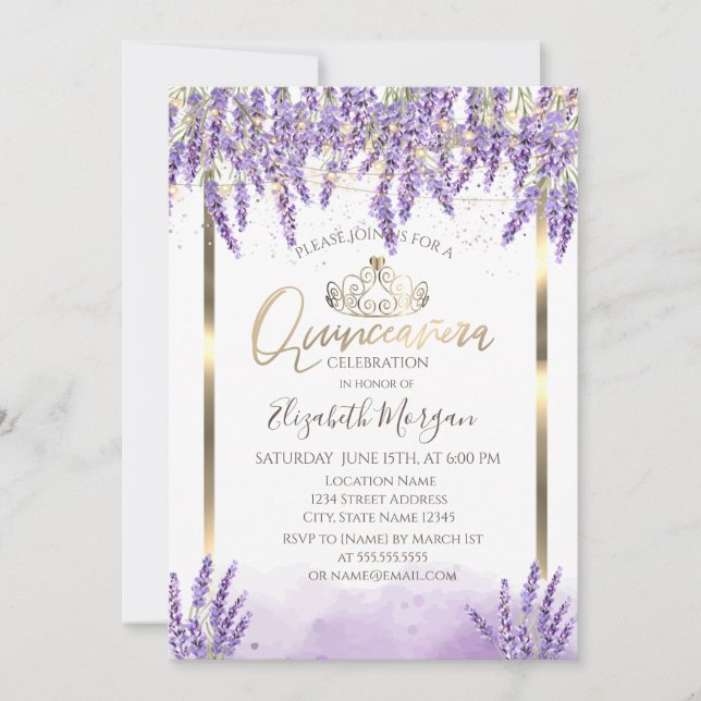 Convite Watercolor Lavanda,String Lights Quinceanera (Frente)