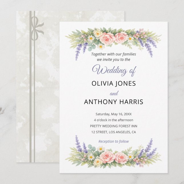 Convite Watercolor Lavender Eucalyptus Rose Wedding (Frente/Verso)