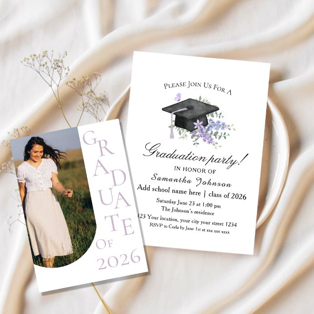Convite Watercolor Lavender  Purple Floral Graduation  (Criador carregado)