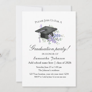 Convite Watercolor Lavender Purple Floral Graduation
