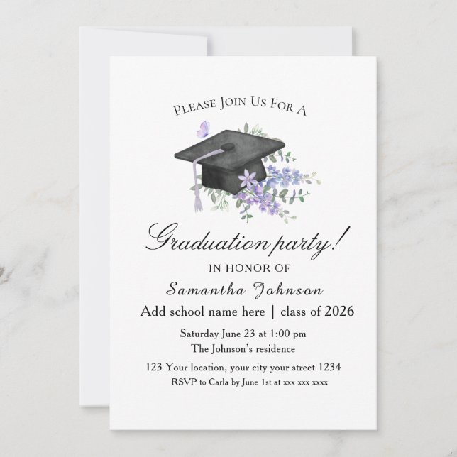 Convite Watercolor Lavender  Purple Floral Graduation  (Frente)