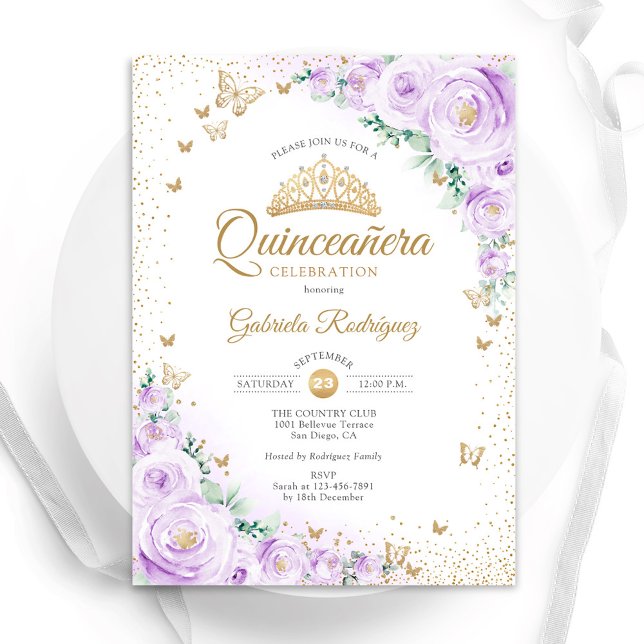 Convite Watercolor Lavender Purple Floral Quinceanera (Criador carregado)