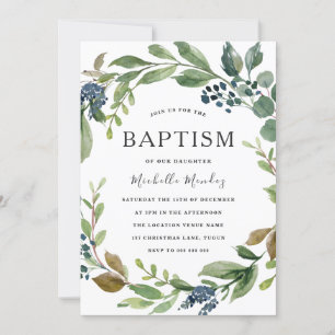 Convite Watercolor Leaf Wreath Modern Baptism Christening