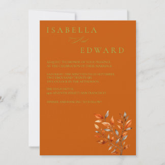 Convite Watercolor Leaves Burnt Orange Wedding