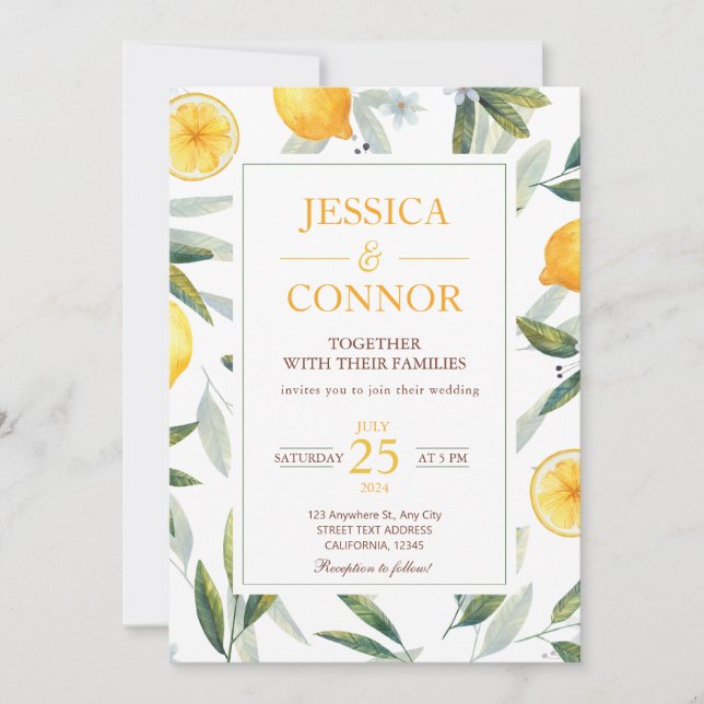 Convite Watercolor Lemon Citrus Floral Modern Weding (Frente)
