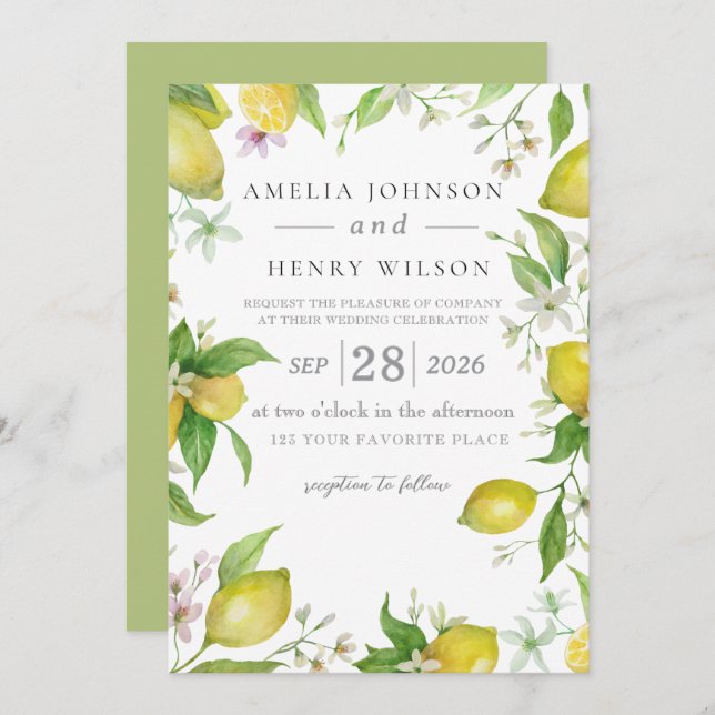 Convite Watercolor Lemon Citrus Fruta Invitation (Frente/Verso)