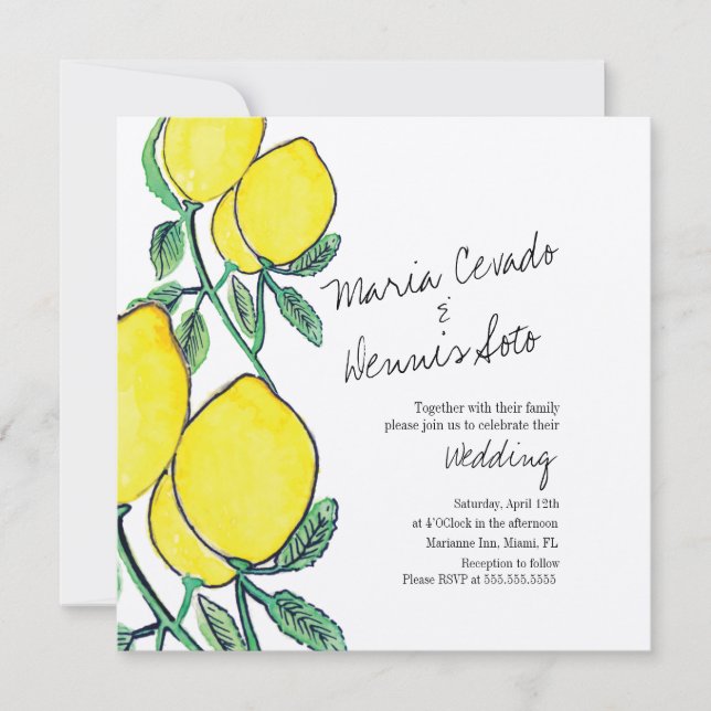 Convite Watercolor Lemon Citrus Script Wedding Kraft (Frente)