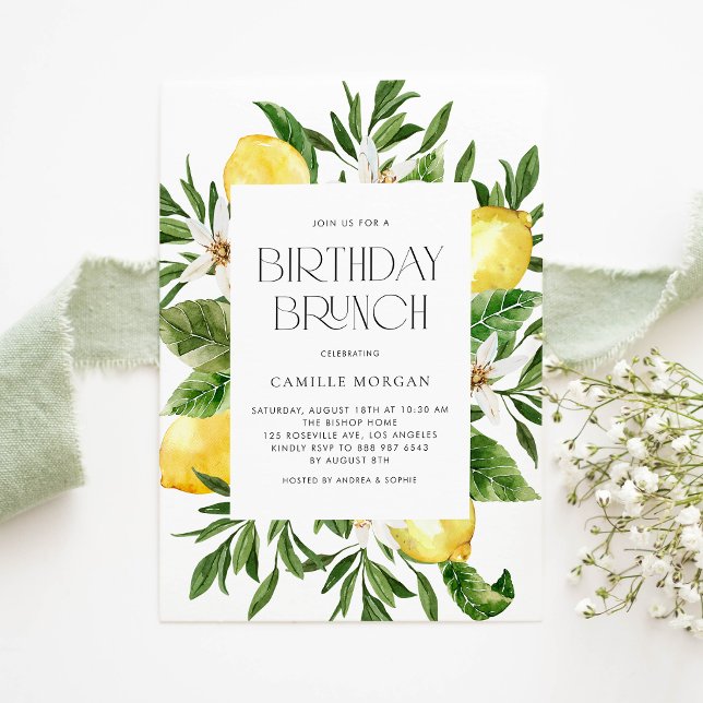 Convite Watercolor Lemon Frame Botanical Birthday Brunch (Criador carregado)