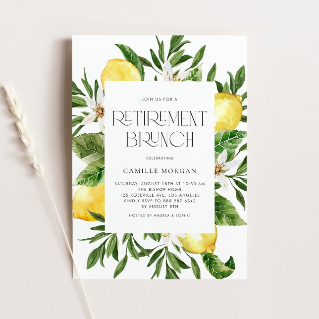 Convite Watercolor Lemon Frame Botanical Retirement Brunch (Criador carregado)