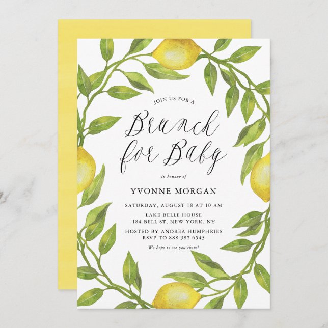 Convite Watercolor Lemon Greenery Wreath Brunch para Bebê (Frente/Verso)