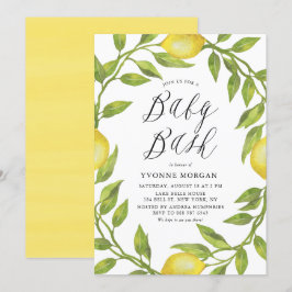 Convite Watercolor Lemon Greenery Wreath Chá de fraldas Ba