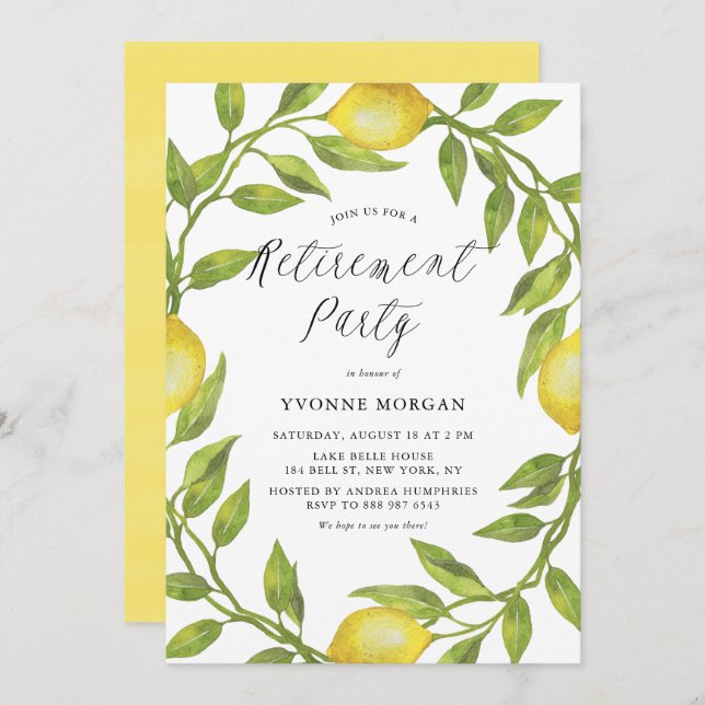 Convite Watercolor Lemon Greenery Wreath Party (Frente/Verso)